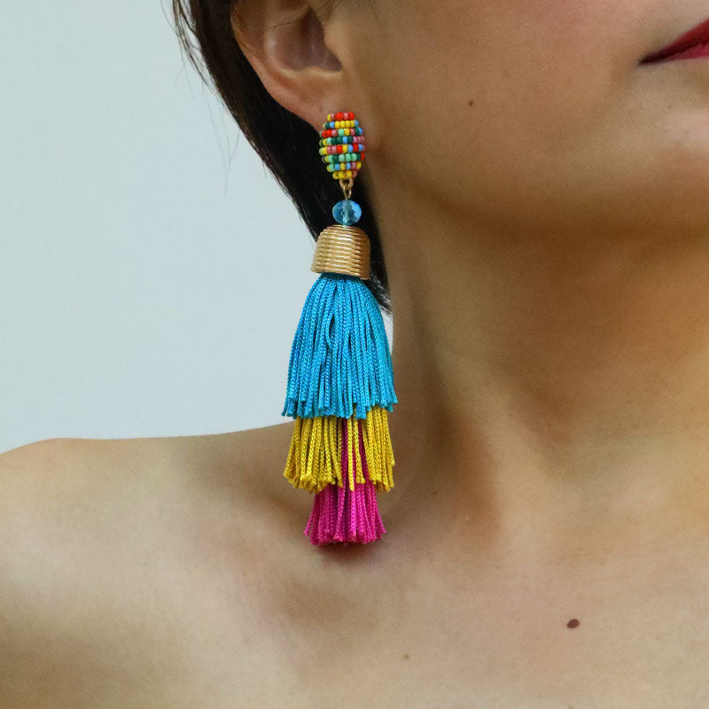 1 Pair Exaggerated Bohemian Tassel Beaded Cloth Drop Earrings