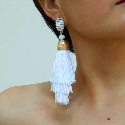 1 Pair Exaggerated Bohemian Tassel Beaded Cloth Drop Earrings