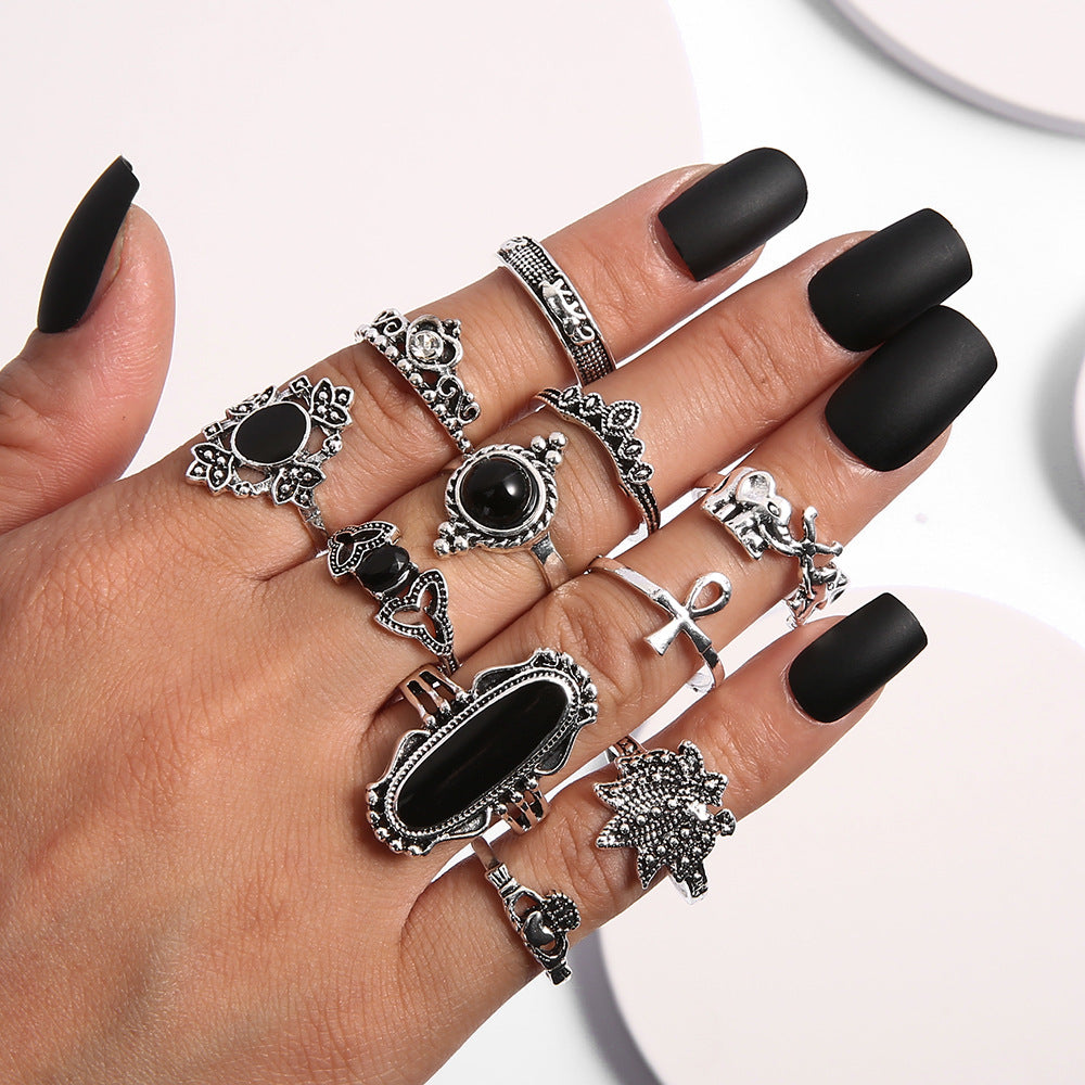 Fashion Black Gemstone Elephant Lotus Crown Cross 11 Piece Set Alloy Ring