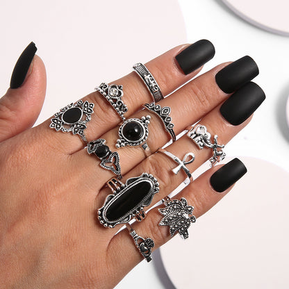 Fashion Black Gemstone Elephant Lotus Crown Cross 11 Piece Set Alloy Ring