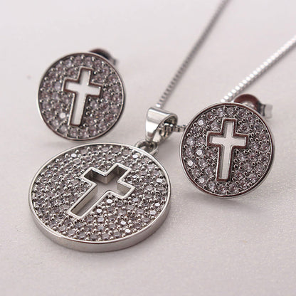 Ig Style Simple Style Cross Round Copper Plating Inlay Zircon Gold Plated Earrings Necklace