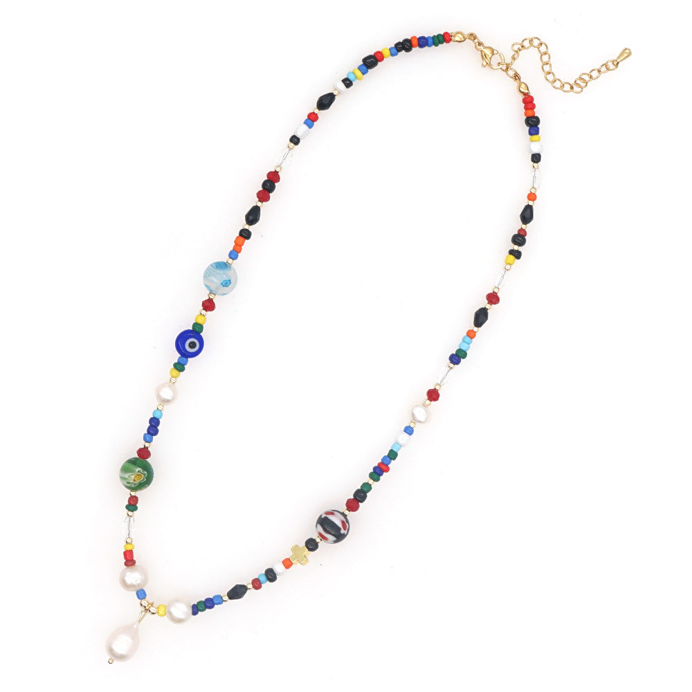 Simple Colored Glaze Evil Eye Pearls Natural Pearl Necklace Bohemian Beach Style Necklace Wholesale Gooddiy