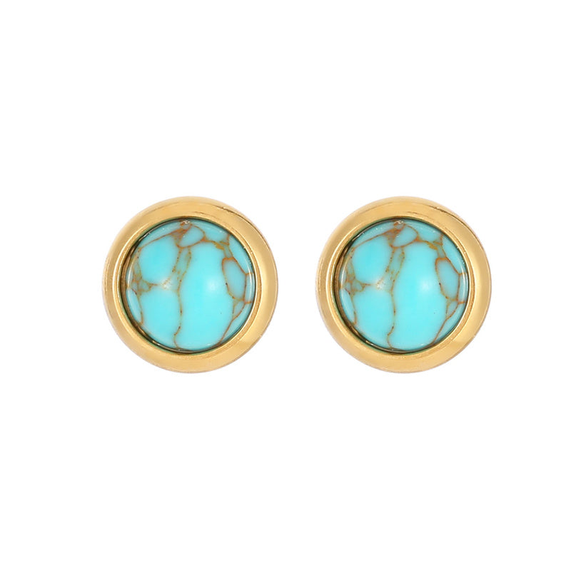 1 Pair Classic Style Round Texture Inlay Stainless Steel Turquoise Ear Studs