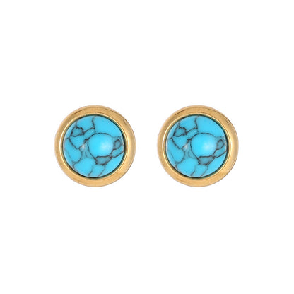 1 Pair Classic Style Round Texture Inlay Stainless Steel Turquoise Ear Studs