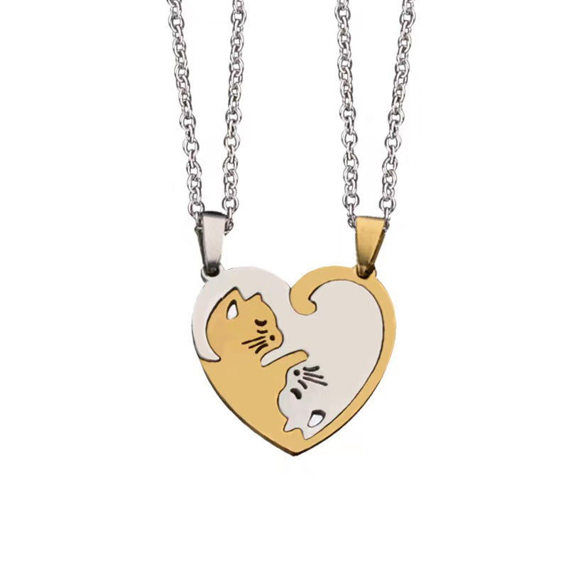 Fashion Heart Shape Cat Titanium Steel Pendant Necklace