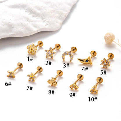 1 Piece Simple Style Moon Heart Shape Flower Inlay Titanium Alloy Zircon Ear Studs