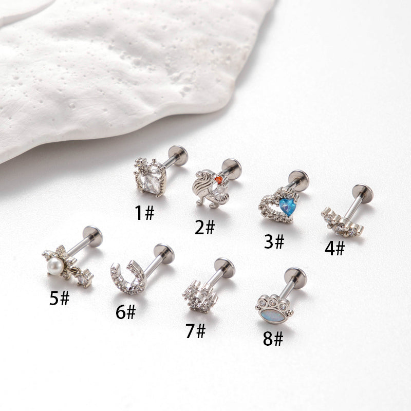 1 Piece Simple Style Heart Shape Crown Flower Inlay Titanium Alloy Zircon Ear Studs