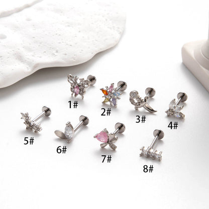 1 Piece Simple Style Heart Shape Flower Bow Knot Inlay Titanium Alloy Zircon Ear Studs