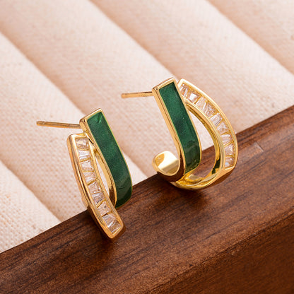 1 Pair Simple Style Semicircle Enamel Plating Inlay Copper Zircon 14k Gold Plated Ear Studs