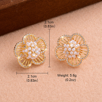 1 Pair Ig Style Sweet Flower Plating Inlay Copper Pearl Zircon 14k Gold Plated Ear Studs