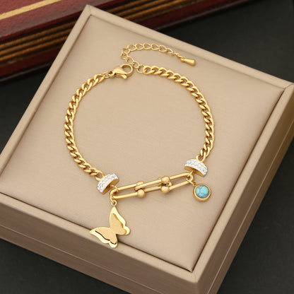 Ig Style Four Leaf Clover Heart Shape Stainless Steel Turquoise Zircon Bracelets In Bulk