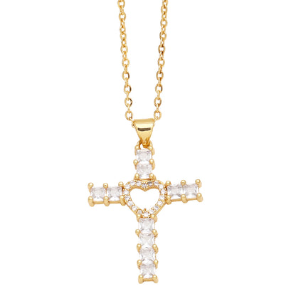 Elegant Streetwear Cross Heart Shape Copper 18k Gold Plated Zircon Pendant Necklace In Bulk