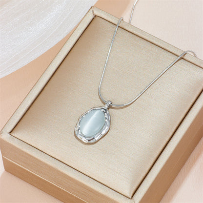 Retro Oval Titanium Steel Inlay Opal Pendant Necklace