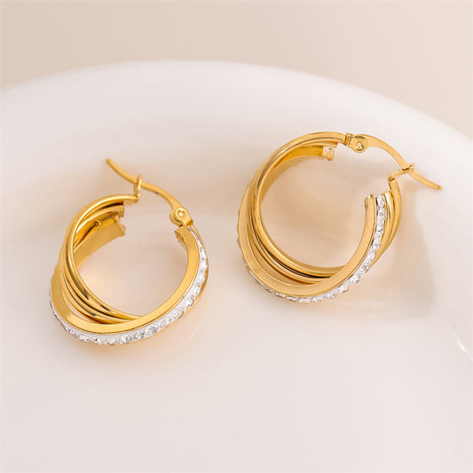 1 Pair Retro Simple Style C Shape Round Plating Inlay Stainless Steel Rhinestones 18k Gold Plated Hoop Earrings