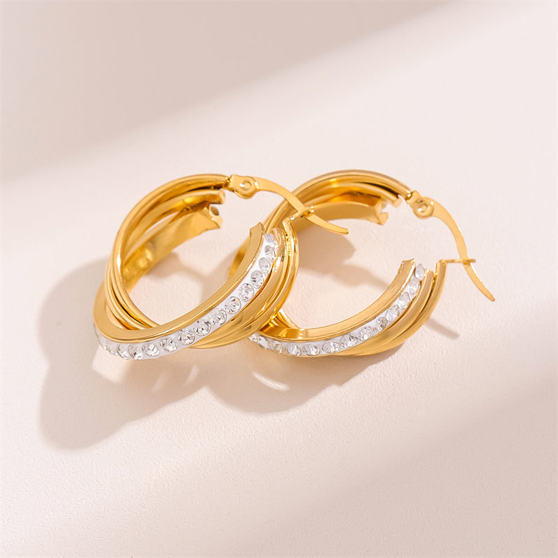 1 Pair Retro Simple Style C Shape Round Plating Inlay Stainless Steel Rhinestones 18k Gold Plated Hoop Earrings