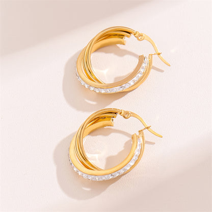 1 Pair Retro Simple Style C Shape Round Plating Inlay Stainless Steel Rhinestones 18k Gold Plated Hoop Earrings