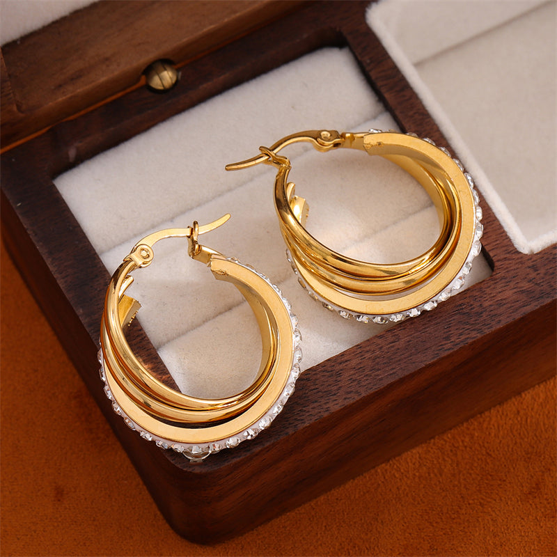 1 Pair Retro Simple Style C Shape Round Plating Inlay Stainless Steel Rhinestones 18k Gold Plated Hoop Earrings