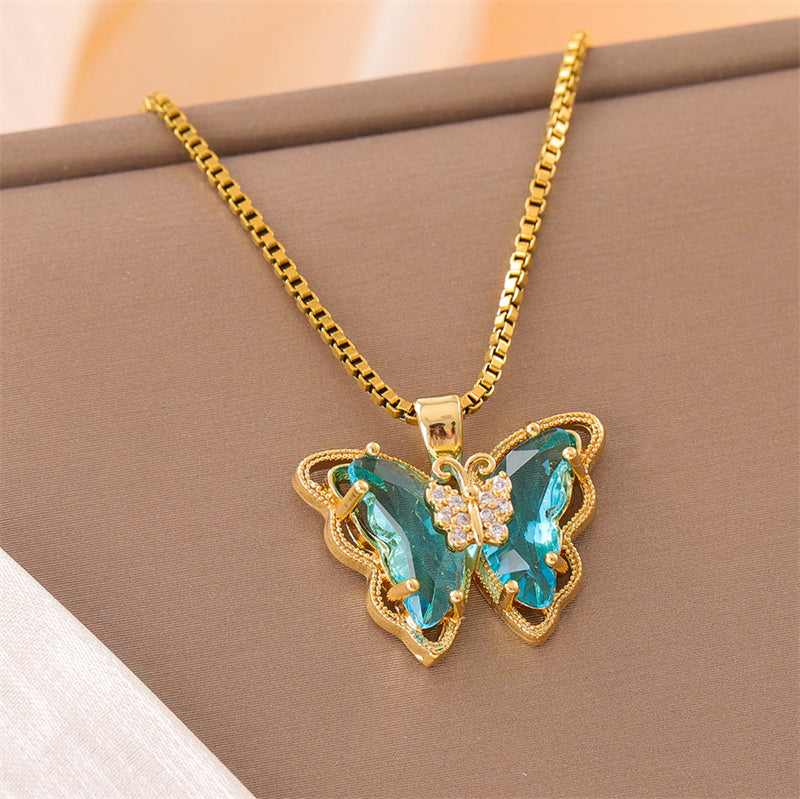 Fairy Style Vacation Modern Style Butterfly Stainless Steel Titanium Steel Plating Inlay Zircon 18k Gold Plated Pendant Necklace