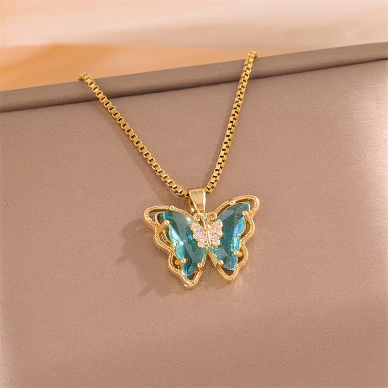 Fairy Style Vacation Modern Style Butterfly Stainless Steel Titanium Steel Plating Inlay Zircon 18k Gold Plated Pendant Necklace