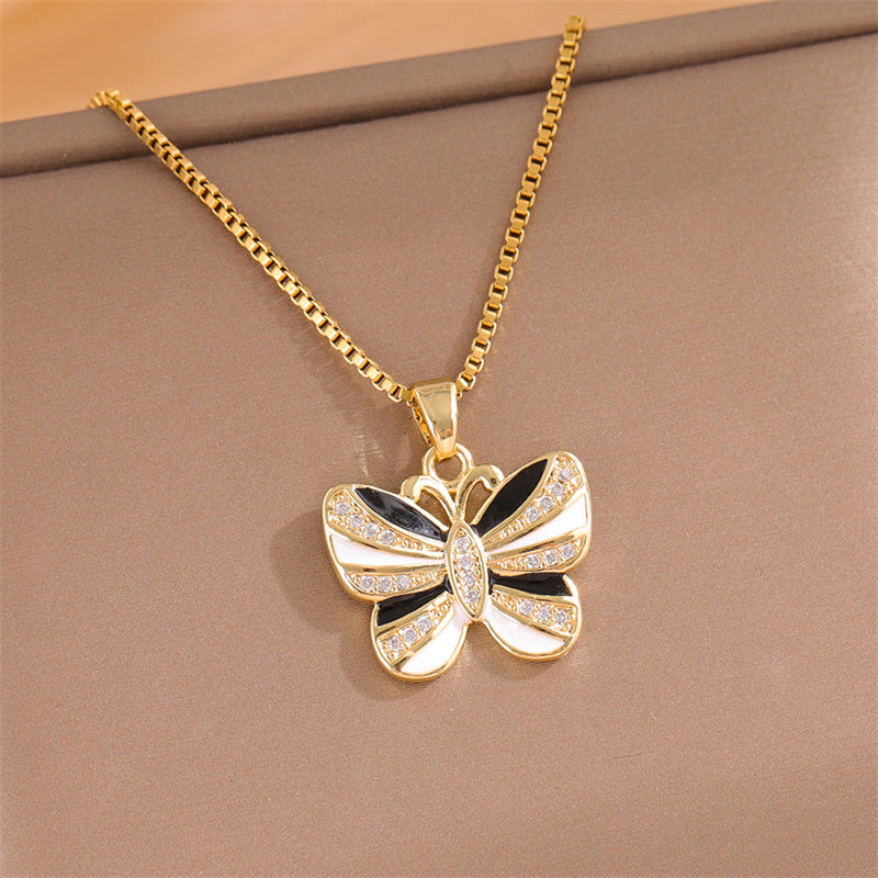 Elegant Simple Style Streetwear Heart Shape Flower Butterfly Stainless Steel Titanium Steel Plating Inlay Zircon 18k Gold Plated Pendant Necklace