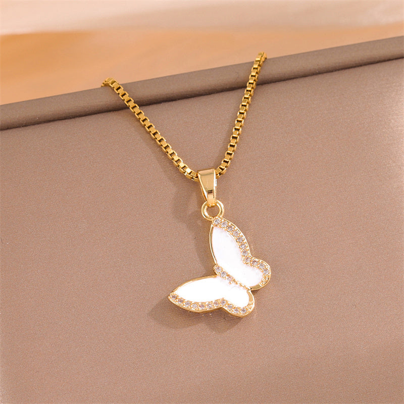 Elegant Simple Style Streetwear Heart Shape Flower Butterfly Stainless Steel Titanium Steel Plating Inlay Zircon 18k Gold Plated Pendant Necklace