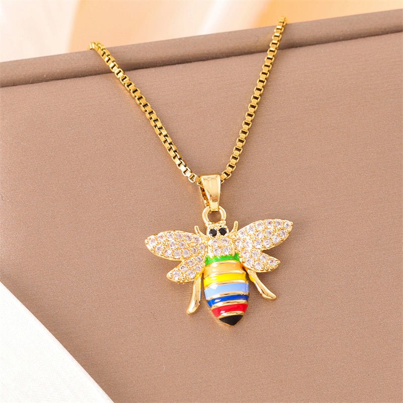 Retro Lady Roman Style Snake Bee Butterfly Stainless Steel Titanium Steel Enamel Plating Inlay Zircon 18k Gold Plated Pendant Necklace