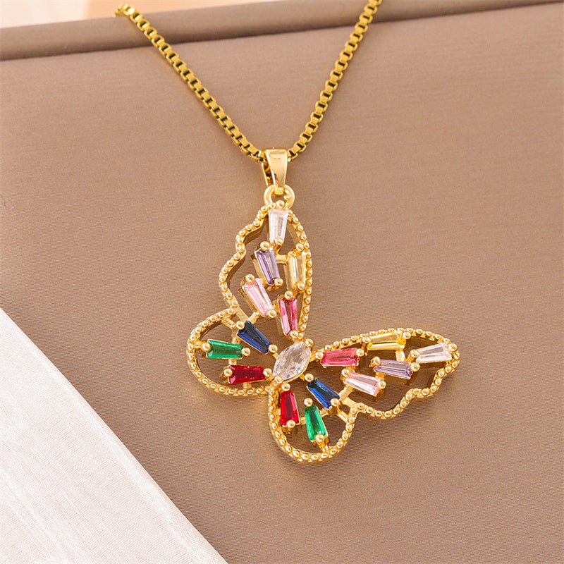 Retro Lady Roman Style Snake Bee Butterfly Stainless Steel Titanium Steel Enamel Plating Inlay Zircon 18k Gold Plated Pendant Necklace