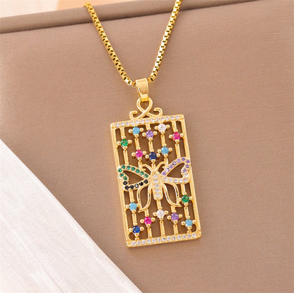 Retro Lady Roman Style Snake Bee Butterfly Stainless Steel Titanium Steel Enamel Plating Inlay Zircon 18k Gold Plated Pendant Necklace