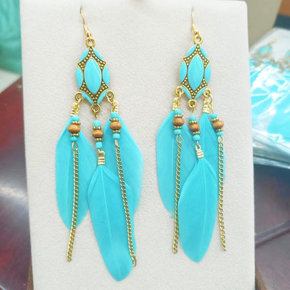 Retro Tassel Feather Long Oil Drop Earrings Wholesale