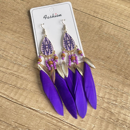 Ethnic Style Bohemian Water Droplets Alloy Feather Beaded Tassel Enamel Women's Drop Earrings