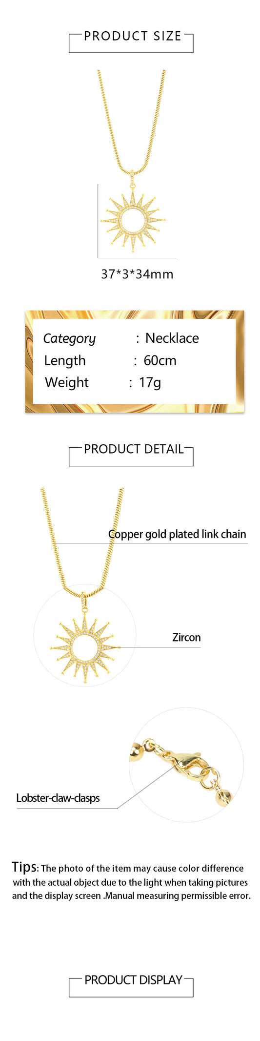 Simple Style Shiny Sun Copper 18k Gold Plated Zircon Pendant Necklace In Bulk