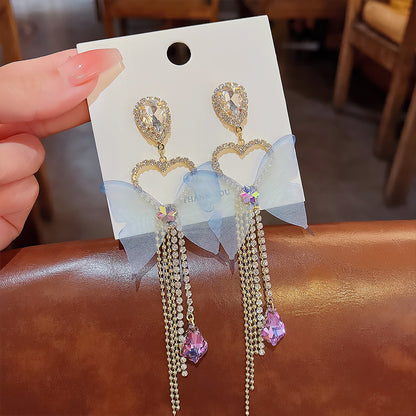 1 Pair Fairy Style Tassel Heart Shape Butterfly Inlay Copper Zircon Drop Earrings