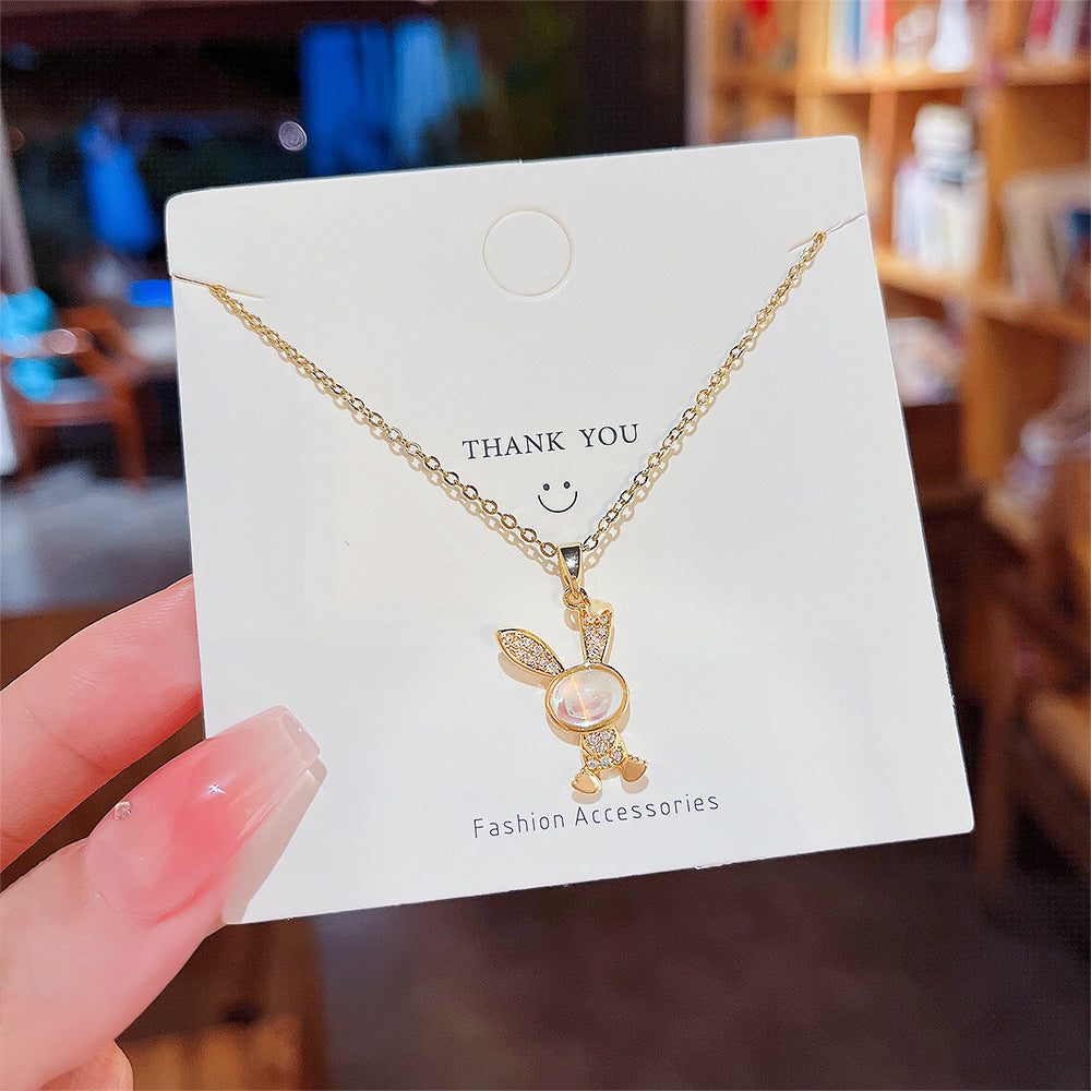 Sweet Rabbit Titanium Steel Plating Inlay Zircon Gold Plated Pendant Necklace