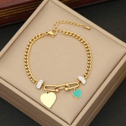 Ig Style Four Leaf Clover Heart Shape Stainless Steel Turquoise Zircon Bracelets In Bulk