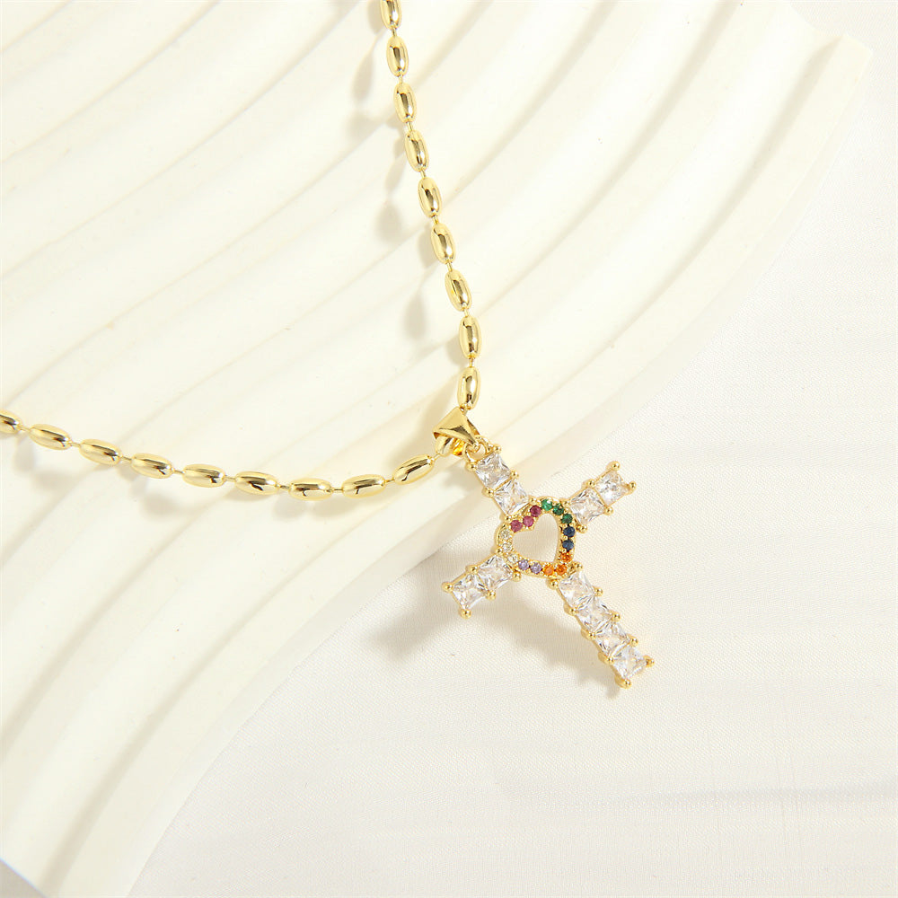 Simple Style Cross Heart Shape Copper 18k Gold Plated Zircon Pendant Necklace In Bulk