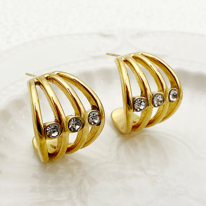 1 Pair Simple Style Solid Color Stainless Steel Rhinestones Gold Plated Ear Studs