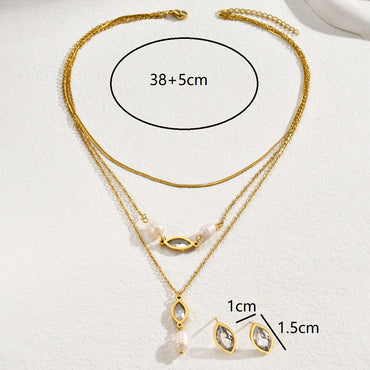 Wholesale Elegant Simple Style Horse Eye Stainless Steel Freshwater Pearl Layered Plating Inlay 18k Gold Plated Zircon Jewelry Set