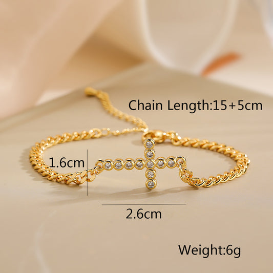 Simple Style Commute Cross Copper 18k Gold Plated Zircon Bracelets In Bulk