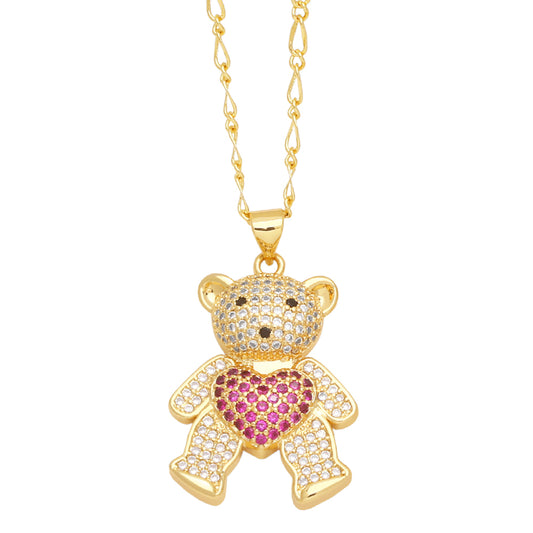 Cute Little Bear Heart Shape Stainless Steel Copper Plating Inlay Zircon 18k Gold Plated Pendant Necklace