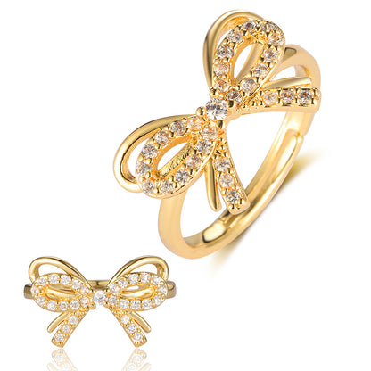 Casual Geometric Heart Shape Bow Knot Copper Plating Inlay Zircon Open Rings