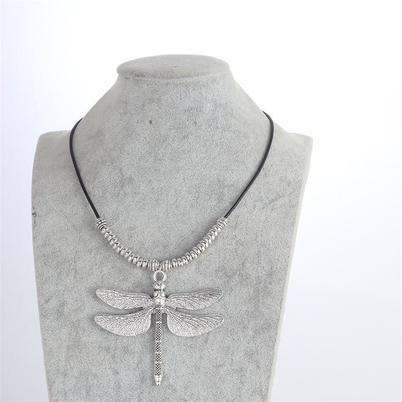 Vintage Style Geometric Dragonfly Alloy Leather Rope Irregular Silver Plated Unisex Necklace