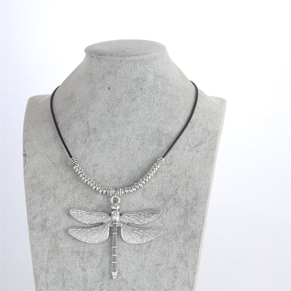 Vintage Style Geometric Dragonfly Alloy Leather Rope Irregular Silver Plated Unisex Necklace