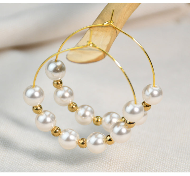 1 Pair Elegant Round Beaded Plating Stainless Steel Artificial Pearl Gold Plated Drop Earrings