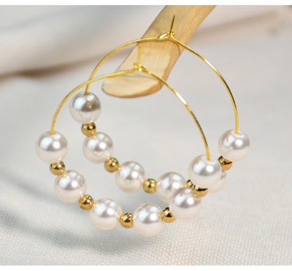 1 Pair Elegant Round Beaded Plating Stainless Steel Artificial Pearl Gold Plated Drop Earrings