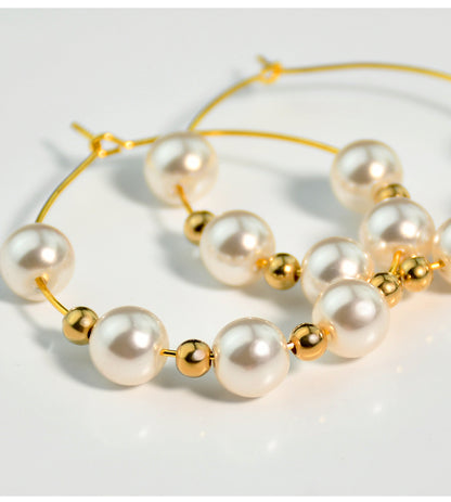 1 Pair Elegant Round Beaded Plating Stainless Steel Artificial Pearl Gold Plated Drop Earrings