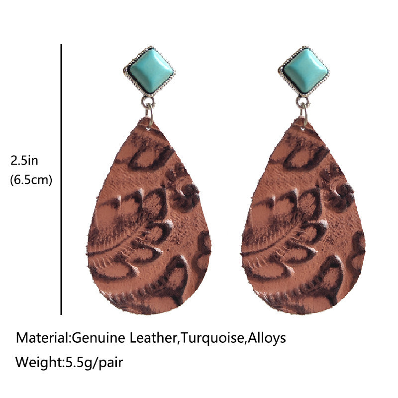 1 Pair Retro Water Droplets Patchwork Leather Drop Earrings