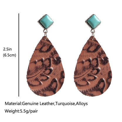 1 Pair Retro Water Droplets Patchwork Leather Drop Earrings