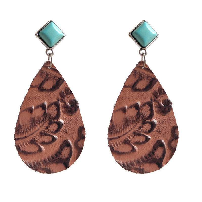 1 Pair Retro Water Droplets Patchwork Leather Drop Earrings