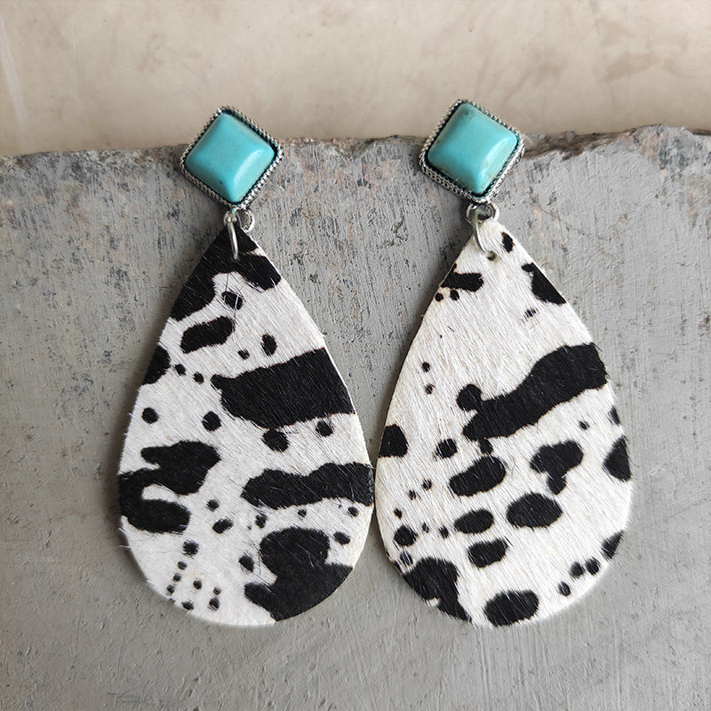 1 Pair Retro Water Droplets Patchwork Leather Drop Earrings