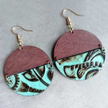 1 Pair Retro Round Patchwork Leather Drop Earrings